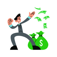 Happy businessman with a lot of money flat vector illustration 