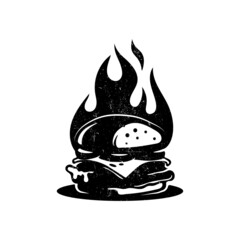 Burger logo design idea. Logo concept for fast food restaurant with grilled tasty burger and hot flames. Diner or snack bar barbecue symbol template.