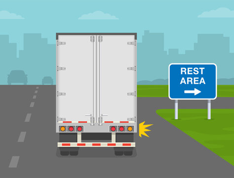 Truck is about to to turn right on highway. Heavy vehicle driving on motorways. Rest area road or traffic sign. Back view. Flat vector illustration template.