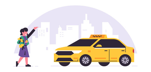 Fototapeta premium Online taxi ordering service. Yellow taxi driver and passenger. Girl with a dog, city, cab. Vector illustration isolated on background.