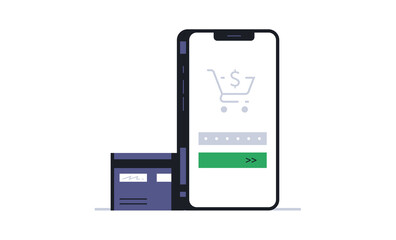Screen of the payment menu for purchases through the mobile application. Bank card pin code, secure payment, phone, app, money, pay, dollar, cart, trolley. Vector illustration