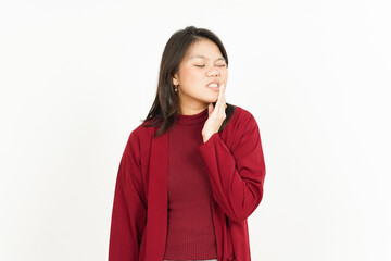 Toothache Gesture Of Beautiful Asian Woman Wearing Red Shirt Isolated On White Background
