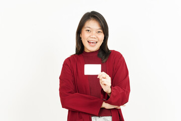 Holding and Showing Blank Credit Card Of Beautiful Asian Woman Wearing Red Shirt Isolated On White