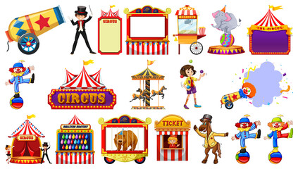 Set of circus characters and amusement park elements - obrazy, fototapety, plakaty