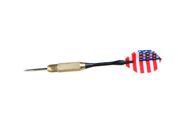 Metal dart for playing darts with color plumage under US flag, on white background.