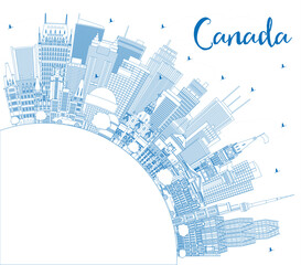 Outline Canada City Skyline with Blue Buildings and Copy Space.