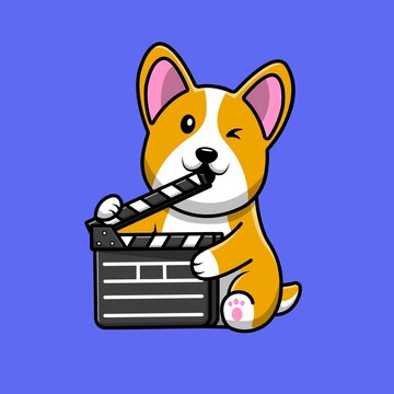 Cute Corgi Dog Holding Clapper Board Cartoon Vector Icon Illustration. Animal Entertainment Icon Concept Isolated Premium Vector. Flat Cartoon Style