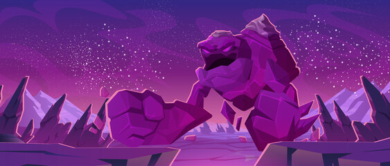 Big stone golem character on alien planet surface. Vector cartoon illustration of fantasy angry giant monster and futuristic space landscape with rocks and stars in sky © klyaksun