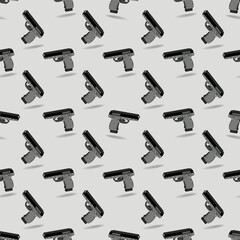 Seamless pattern. 3D modern pistol in different positions with camouflage and shadows on a light background