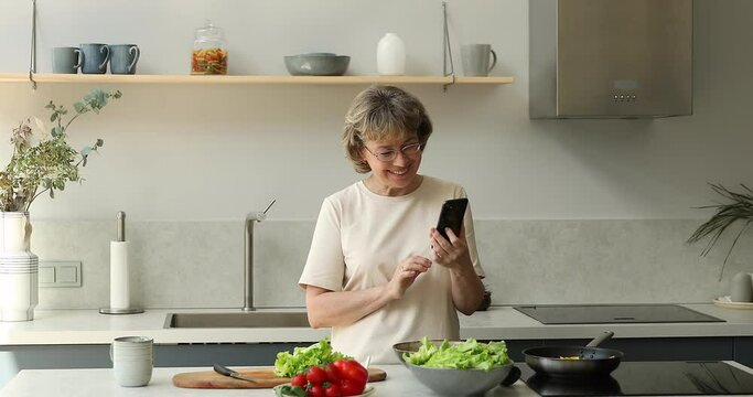 Smiling elderly woman housewife stand by kitchen stove distracted from cooking dinner read culinary recipe details at online cookbook. Happy female retiree watch video tutorial of famous chef on phone