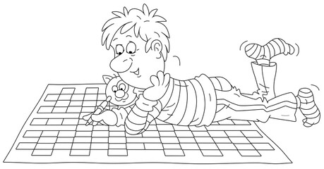 Funny guy lying on the floor with his cat and solving a big crossword puzzle, black and white outline vector cartoon illustration for a coloring book page