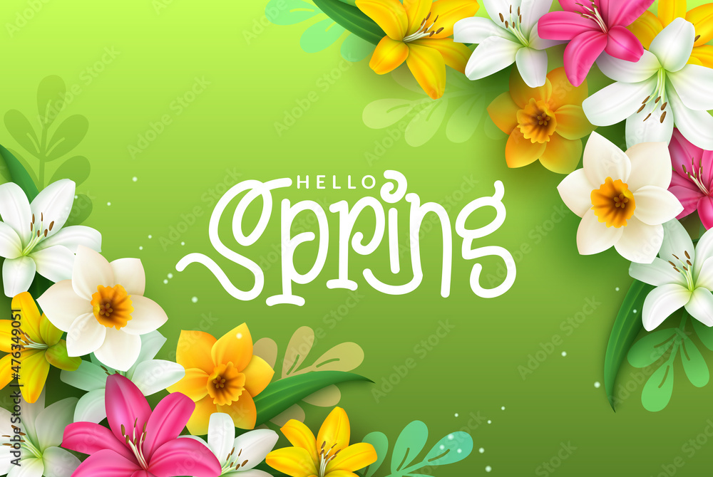 Poster spring greeting vector background design. hello spring typography text with flowers foliage decorati