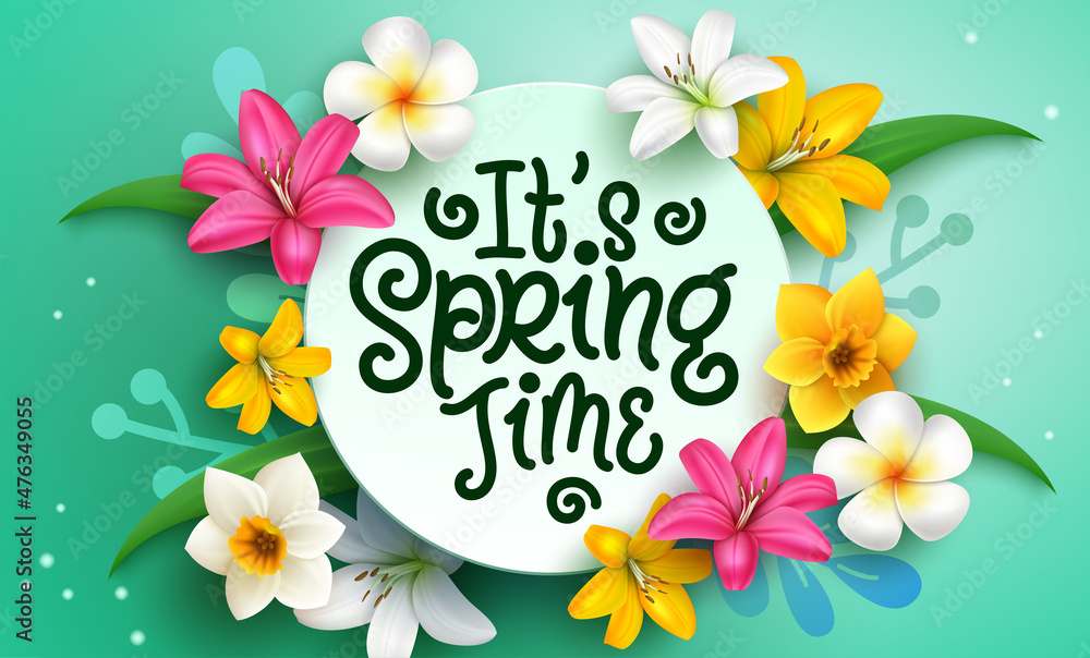Poster spring time vector template design. it's spring time text in green circle space with flowers like li
