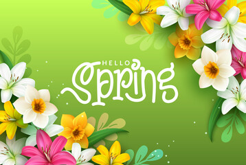 Spring greeting vector background design. Hello spring typography text with flowers foliage decoration in green background for fresh nature bloom celebration decoration. Vector illustration.
