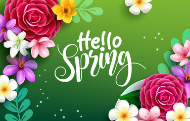 Spring flowers vector background design. Hello spring greeting text in green space with camellia, lily flower and leaves for seasonal bloom celebration decoration. Vector illustration.
