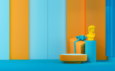 Minimal scene with podium, gifts box and abstract on orange and blue color background. Geometric shapes interior. Trendy 3d render for social media banners, promotion, cosmetic product show.
