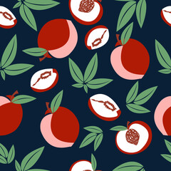Vector seamless pattern with peaches. Cute colorful background texture for kitchen wallpaper, textile, fabric, paper. Flat fruits background. Vegan, farm, natural food illustration