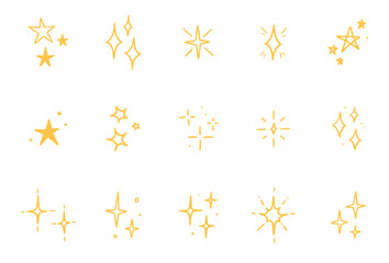 Line star glitter shine of doodle set. Star shine glow, spark glitter, sparkle light vector illustration. Hand drawn sketch doodle style.