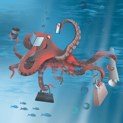 Octopus is a cartoon character who has a lot to do - he reads, talks on the phone, draws, goes shopping