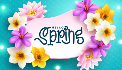 Spring flowers vector template design. Hello spring text in abstract shape space with floral plants like lotus, crocus and daffodil elements for nature bloom celebration. Vector illustration.
