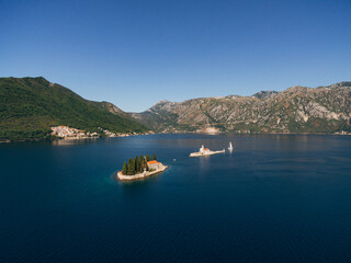 Island of St. George and Gospa od Skrpjela in the Kotor Bay. Side view