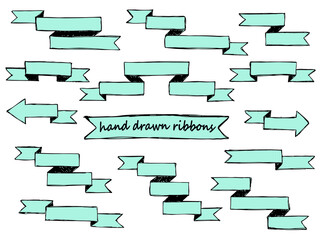 Hand drawn vector set of ribbons. Doodle banner illustration isolated on white background. For banner, tag, header or label.
