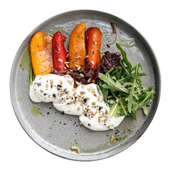 Isolated baked bell pepper with feta cheese mousse salad