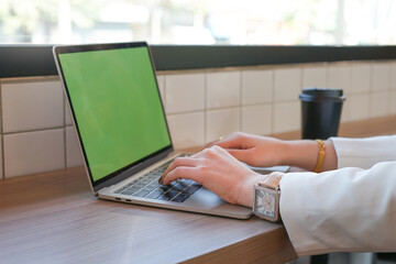  woman hands using laptop in the coffee shop,soft focus
