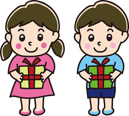 プレゼントを持つ男女の子供