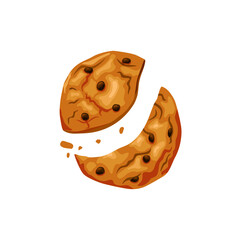 Bitten cookies with chocolate chips on a white isolated background. Freshly baked cookies broken in half. Vector cartoon illustration