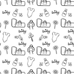 Pattern baby items, great design for any purposes in doodle style on white background.