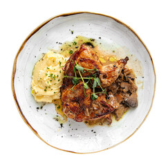 Isolated gourmet portion of chicken with mashed potatoes