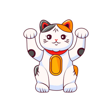 Cute maneki neko Japanese luck cat with raised paws.Symbol of wealth. Vector cartoon illustration.