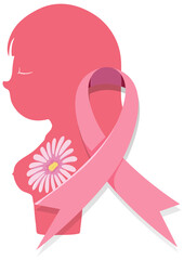 Pink woman silhouette with flower and pink ribbon