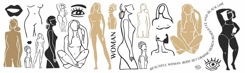 Set of decorative color silhouettes of female bodies isolated on white. Collection of abstract fashion girls for posters, invitations, social media, cards, printing. Femininity. Vector illustration
