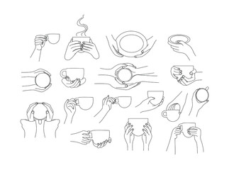 set of hands holding mugs. Linear style illustration