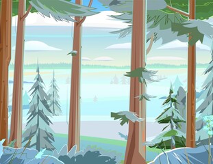 Pine Trees. Trunks of fir and Spruce. Snow frosty landscape. Beautiful Forest Panorama. Illustration in cartoon style flat design. Vector