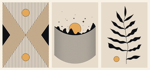 Set of three backgrounds for typography, decor design, covers. Vintage stylish illustration in boho style with stars, sun, lines, plant, stripes. Black and gold geometric shapes on beige. © Nataly