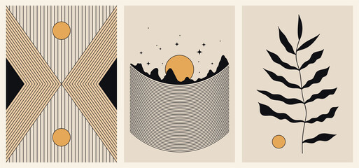 Set of three backgrounds for typography, decor design, covers. Vintage stylish illustration in boho style with stars, sun, lines, plant, stripes. Black and gold geometric shapes on beige.