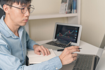 Young adult Asian trader, investor, business man is using laptop, smart phone to trading, investment on stock market, Cryptocurrency as Bitcoin with technical price graph chart. Trader trading concept