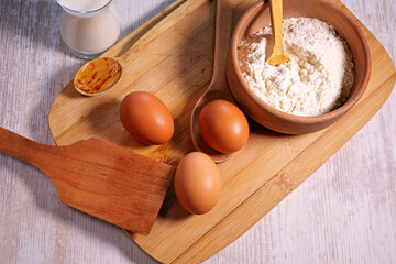 ingredients for baking with flour milk and eggs