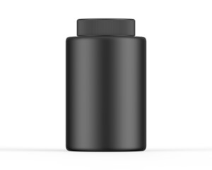 Black empty screw top front protein or gainer powder container tub and jar mockup, ready for your design labels, 3d illustration.