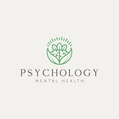 psychology mental health line art logo design. brain with nature symbol line art logo template vector illustration design - obrazy, fototapety, plakaty