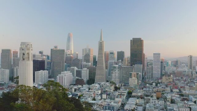 Aerial daytime video drone footage of San Francisco, California, USA, at sunset. 