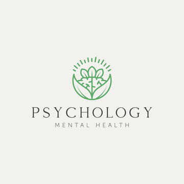 psychology mental health line art logo design. brain with nature symbol line art logo template vector illustration design