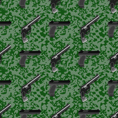 Seamless pattern. Symmetrically placed dark pistols and revolvers with shadows on a green camouflage background