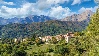 Fototapeta na wymiar Landscape with Olmi Cappella village, Corsica island, France