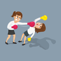 Businesswoman with boxing gloves punching co worker in the face, Illustration vector cartoon