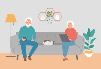 Elderly woman and man on comfortable sofa and using laptop and smartphone at living room. Vector flat style illustration