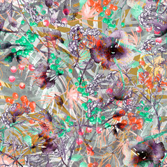 Fototapeta na wymiar Watercolor leaves of a tree, palms, bamboo, tansy, immortelle. abstract splash. Watercolor abstract seamless background, pattern, spot, splash of paint, branch with berry.Tropic floral pattern